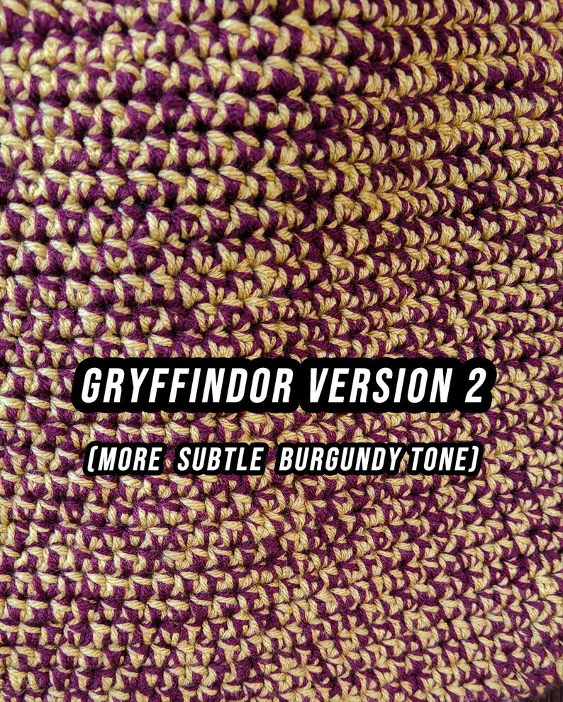 May include: Close-up of a crocheted fabric in a repeating pattern. The fabric is a combination of burgundy and gold colors. Text on the image reads "GRYFFINDOR VERSION 2 (MORE SUBTLE BURGUNDY TONE)".