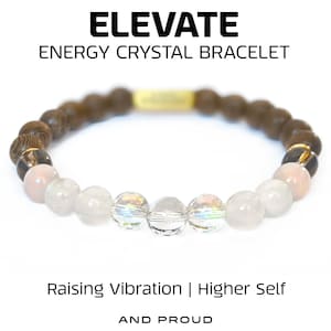 May include: A brown, black, and white crystal bracelet with the text "ELEVATE ENERGY CRYSTAL BRACELET" and "Raising Vibration | Higher Self AND PROUD" on a white background.