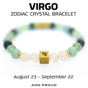 May include: A green and white crystal bracelet with a gold charm featuring the Virgo zodiac symbol. The bracelet is labeled "Virgo Zodiac Crystal Bracelet" and "August 23 - September 22".