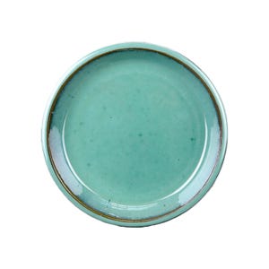 Puede incluir: Un plato redondo de cerámica turquesa con un borde ligeramente elevado. El plato tiene un acabado brillante y un borde marrón fino. El plato está centrado sobre un fondo blanco, mostrando su diseño simple y elegante. Ideal para servir alimentos.