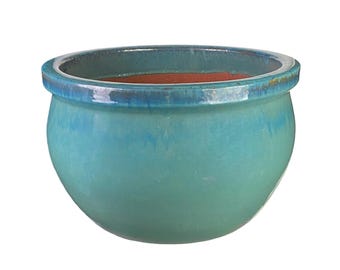 Tucano Hamburg Flower Pot / Planter “Bamboo” – Glazed Stoneware Pot Green/Blue 39 x 25 cm, Frost-Resistant & Handmade