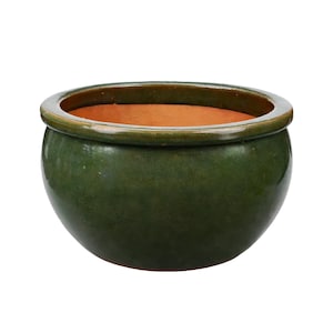 TucanoHamburg Doniczka/salon „Bamboo” – szkliwiona doniczka z kamionki w kolorze ciemnozielonym, 28 x 18 cm, mrozoodporna i ręcznie wykonana