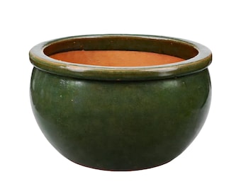 TucanoHamburg Flower pot / planter “Bamboo” – Glazed stoneware pot in dark green 28 x 18 cm, frost-resistant & handmade