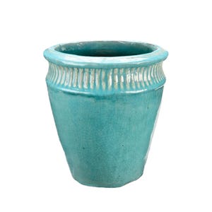 Pot de fleurs TucanoHamburg « Vase Stripes » – Pot en grès émaillé vert jade, 27 x 29 cm, résistant au gel et fait main