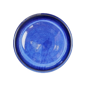 Könnte beinhalten: Ein runder Keramikteller mit einer glänzenden, tiefblauen Glasur. Der Teller hat einen leicht erhöhten Rand und eine glatte, reflektierende Oberfläche. Die Farbe ist ein sattes, lebendiges Blau, perfekt zum Servieren von Speisen.