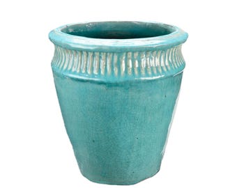TucanoHamburg Flower pot / planter “Vase Stripes” – Glazed stoneware pot Jade green 39 x 42 cm, frost-resistant & handmade