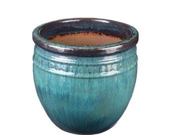 TucanoHamburg flower pot / planter “Coin” – Glazed stoneware pot in green/blue 26 x 25 cm, frost-resistant & handmade