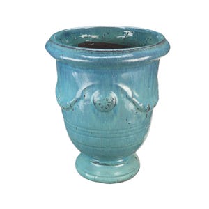 Maceta/jardinera TucanoHamburg “Anduze” – Maceta de gres esmaltado en verde/azul, 35 x 42 cm, resistente a las heladas y hecha a mano.