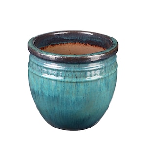 Vaso da fiori / fioriera TucanoHamburg "Coin" - Vaso in gres smaltato verde/blu 37 x 34 cm, resistente al gelo e fatto a mano