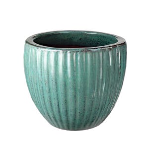 Maceta/Jardinera TucanoHamburg “Egg Pot Stripes” – Maceta de gres esmaltado en verde/azul, 26 x 25 cm, resistente a las heladas y hecha a mano