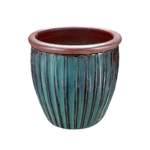 Maceta/jardinera TucanoHamburg “verti” – Maceta de gres esmaltado en verde/azul, 38 x 37 cm, resistente a las heladas y hecha a mano.