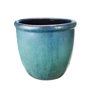 Maceta/jardinera TucanoHamburg “Farmer” – Maceta de gres esmaltado en verde/azul, 36 x 33 cm, resistente a las heladas y hecha a mano.