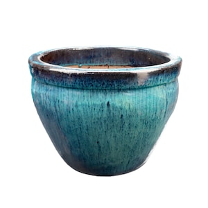 Maceta/jardinera TucanoHamburg “Bamboo tall” – Maceta de gres esmaltado en verde/azul, 38 x 30 cm, resistente a las heladas y hecha a mano.