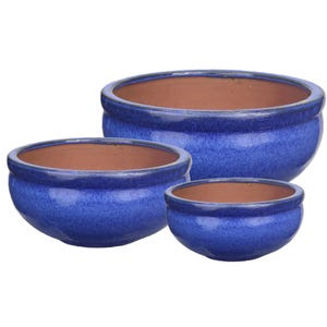 Tucano Hamburg vaso da fiori/fioriera “Set di 3 ciotole” – Vasi in gres smaltato blu, resistenti al gelo e fatti a mano