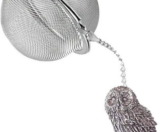 Pewter Owl on a Tea Leaf Infuser Stainless Steel Sphere Strainer perfect for spices tea cup mug teapot gift refppb02