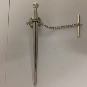 H3 Archer’s Sword Made From Fine English Pewter on a Tack Tie Pin With Chain pin label