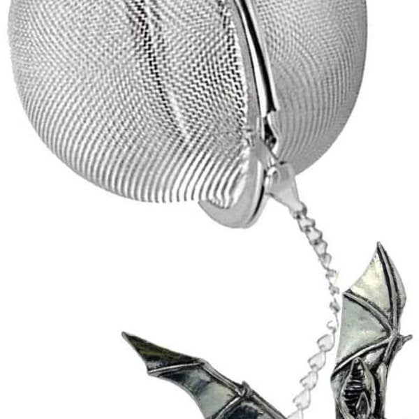 Pewter Long-Eared Bat on a Tea Leaf Infuser Stainless Steel Sphere Strainer perfect for spices tea cup mug teapot gift ref c19