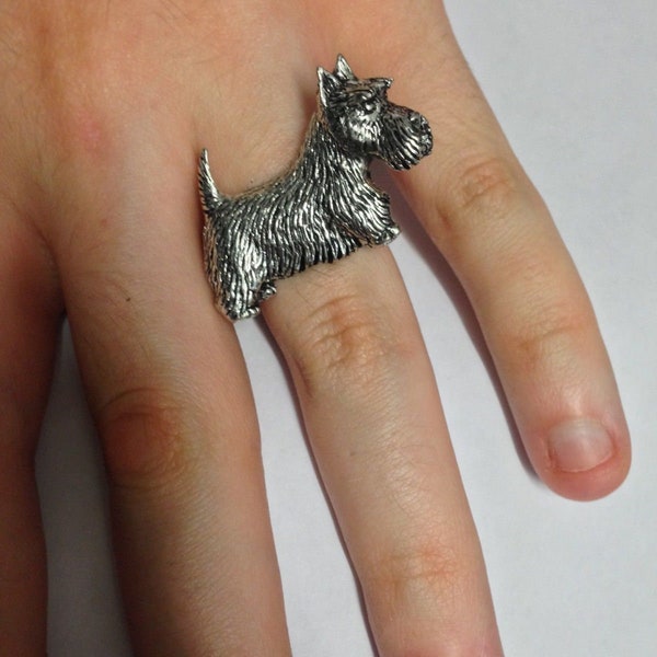 Scottish Terrier Dog Anglais Pewter Ladies Ring, Réglable ou Dangle Charm Handmade en Angleterre codé18
