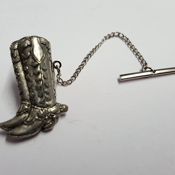 Cowboy Boots PP-W06  Made From Fine English Pewter on a Tack Tie Pin With Chain pin label