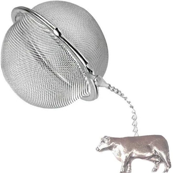 Pewter Cow on a Tea Leaf Infuser Stainless Steel Sphere Strainer perfect for spices tea cup mug teapot gift refppa37