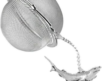 Pewter Shark on a Tea Leaf Infuser Stainless Steel Sphere Strainer perfect for spices tea cup mug teapot gift ref ppf13  Fish