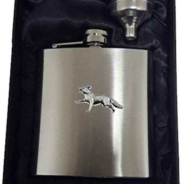 a3 Running Fox  English Pewter Emblem on 6oz Stainless Steel Hip Flask Captive Top hipflask