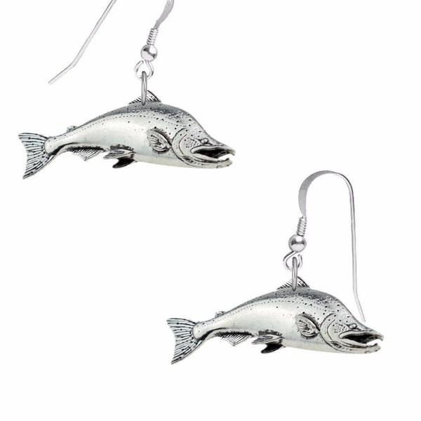 Large Salmon  on hook Earrings sterling silver 925 earring stamped Codef19