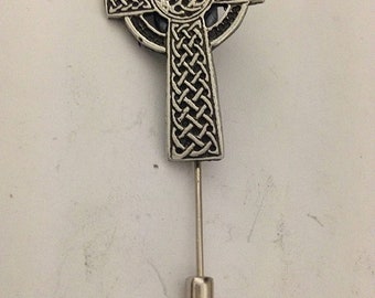 Celtic Cross fine English pewter on a very strong tie stick pin perfect attach a hat scarf collar coat tie jacket etc ref r142