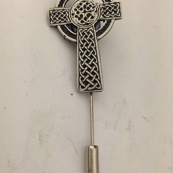 Celtic Cross fine English pewter on a very strong tie stick pin perfect attach a hat scarf collar coat tie jacket etc ref r142