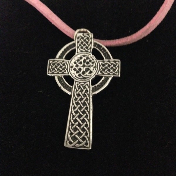 Celtic Cross R142  Pewter pendant on a pink or black cord Necklace Handmade gift jewellery 41cm 18 inch