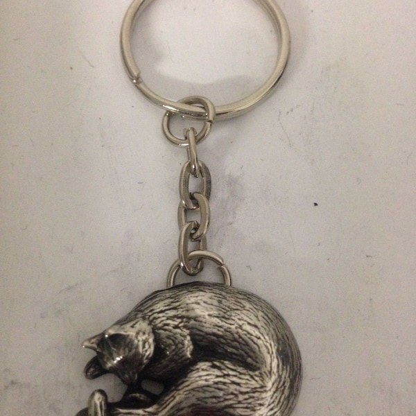 Sleeping Cat R213  English Pewter Emblem on a Split Ring Keyring or zip puller or bookmark