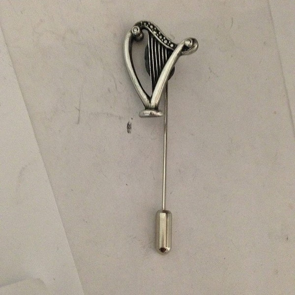 Harp fine English pewter on a very strong tie stick pin perfect attach a hat scarf collar coat tie jacket etc ref R199