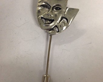 Theatrical Mask fine English pewter on a very strong tie stick pin perfect attach a hat scarf collar coat tie jacket etc ref pp-g07