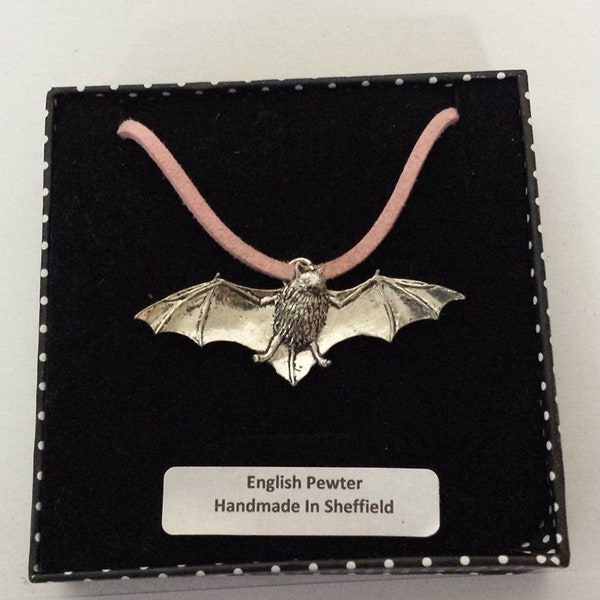 A34 Bat  Pewter pendant on a pink or black cord Necklace Handmade gift jewellery 41cm 18 inch