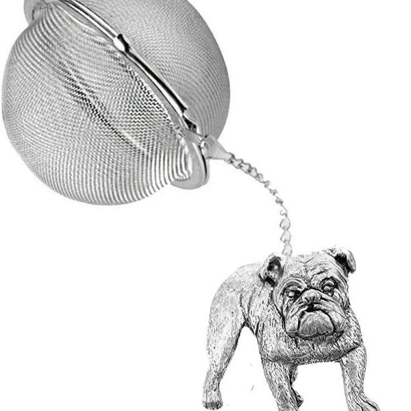 Pewter Bulldog on a Tea Leaf Infuser Stainless Steel Sphere Strainer perfect for spices tea cup mug teapot gift ref ppd19