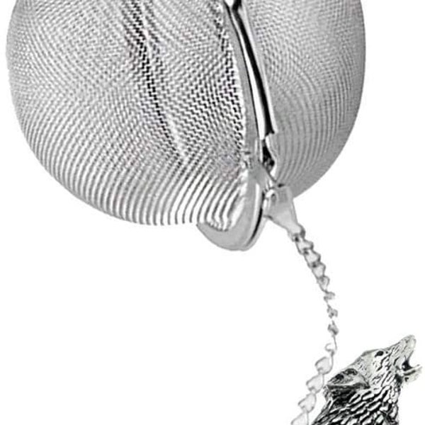 Pewter Wolf  on a Tea Leaf Infuser Stainless Steel Sphere Strainer perfect for spices tea cup mug teapot gift ref c18