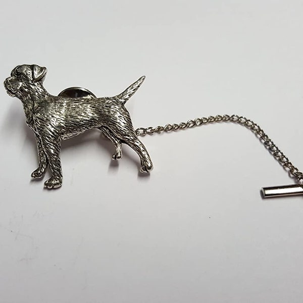 Border Terrier PP-D02 Made From Fine English Pewter on a Tack Tie Pin With Chain pin label