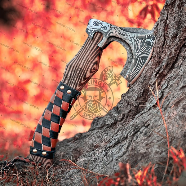 Custom Handmade Carbon Steel Medieval axe with ash wood shaft best birthday and anniversary gift for him with leather sheath.