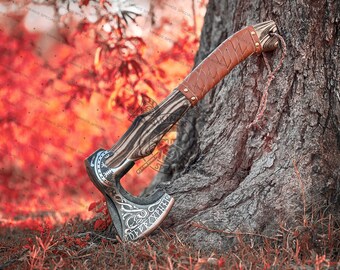 Ragnar Viking Axe, Viking Forged Carbon Steel - Hatchet Rose Wood Shaft, Bearded Camping Axe, Wedding & Christmas Gift, Gift For Him