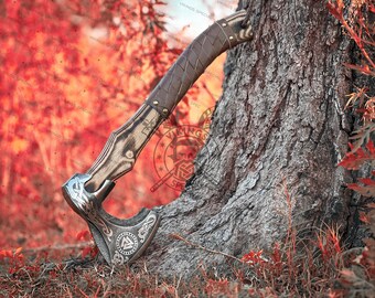 Ragnar Axe, Viking Forged Carbon Steel Axe- VIKING AXE- Hatchet Rose Wood Shaft, Bearded Camping Axe, Wedding & Christmas Gift, Gift For Him