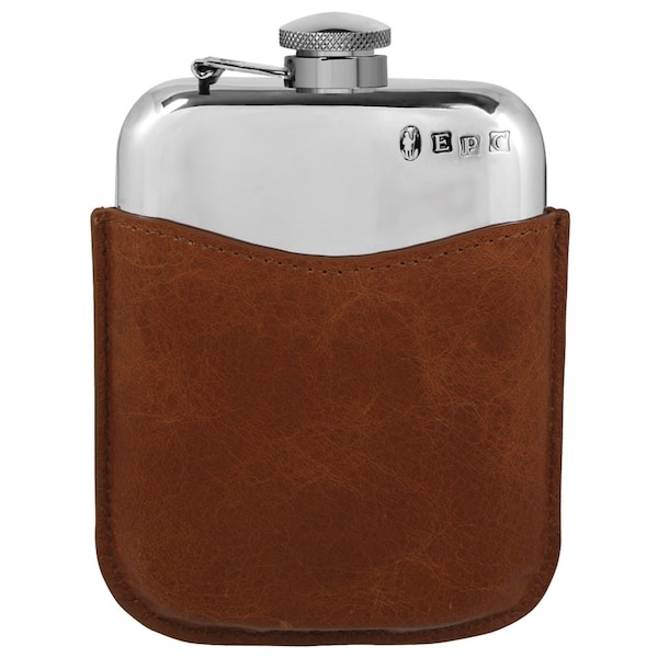 6oz Pewter Hip Flask Gift Luxury Leather Pouch  Personalised [PLF02]by English Pewter Company