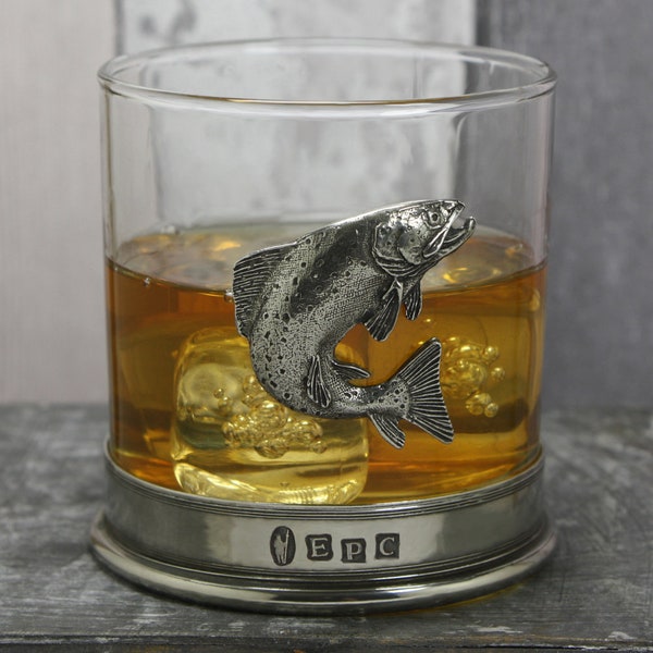 Trout Fishing Whisky Glass Tumbler with Pewter Base Personalised [TUM09] by English Pewter Company