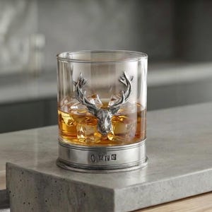 Stag Head Whisky Glass Tumbler with Pewter Base Personalised[STAG104] by English Pewter Company