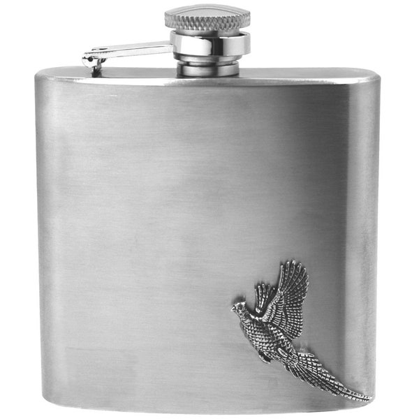 6oz Stainless Steel Hip Flask Pheasant Pewter Adornment [CS235] by English Pewter Company