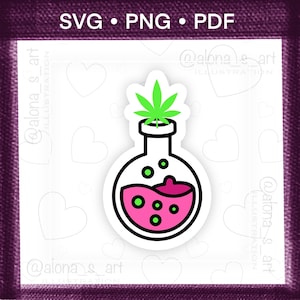 May include: A digital illustration of a round glass flask containing pink liquid with green bubbles. A bright green cannabis leaf sits at the top of the flask opening. The text SVG, PNG, PDF appears at the top, and the watermark @alona_s_art is visible.