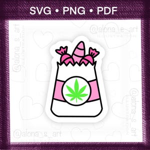 May include: A white paper bag illustration featuring a pink band with a central green cannabis leaf icon. The bag is filled with pink wrapped candies and a pink striped cone. The top of the image displays the text SVG • PNG • PDF in black.