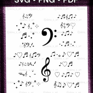 May include: A collection of black and white musical symbols, including notes, clefs, and hearts. The image features various designs of musical notation. Text at the top reads "SVG • PNG • PDF".