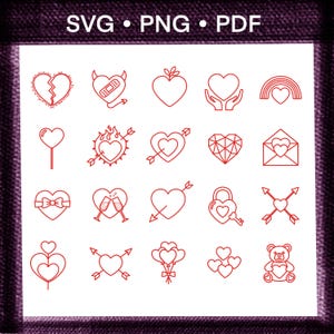 Puede incluir: Colección de ilustraciones de corazones rojos en estilo lineal. Los diseños incluyen corazones rotos, corazones con flechas y un oso de peluche. La imagen también incluye el texto "SVG • PNG • PDF".