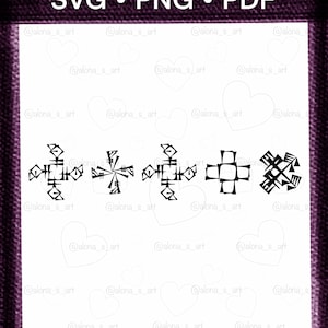 May include: Black and white digital art featuring five cross-shaped designs. The designs are intricate and geometric, with a variety of shapes and patterns. The top of the image includes the text "SVG • PNG • PDF". The background is white with heart shapes.