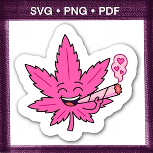 Puede incluir: Una pegatina de hoja de cannabis rosa con una cara sonriente, sosteniendo un porro encendido. Humo con corazones rosas sale del porro. La pegatina tiene el texto "SVG • PNG • PDF" en la parte superior.